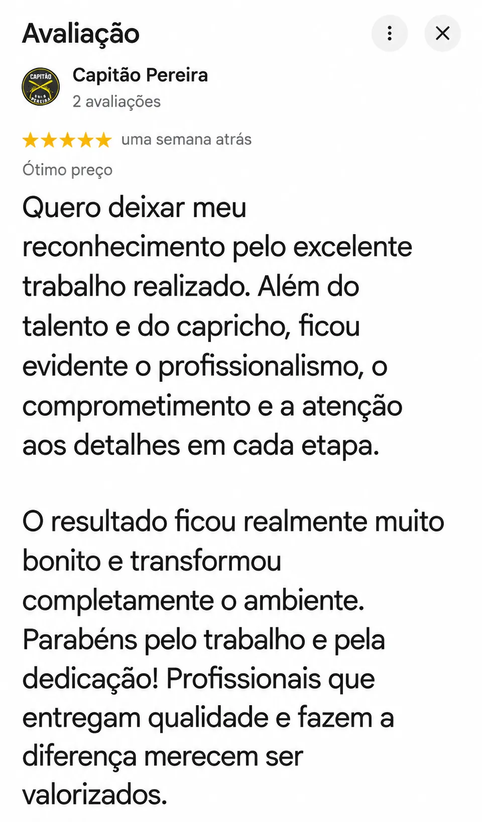 Avaliação real do Capitão Pereira no Google sobre a Olivieri Pinturas